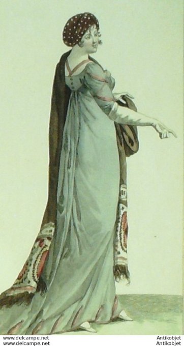 Gravure de mode Costume Parisien 1802 n° 358 (An 10)  Schall de Cachemire