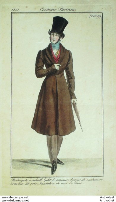 Gravure de mode Costume Parisien 1821 n°2029 Redingote à schall homme