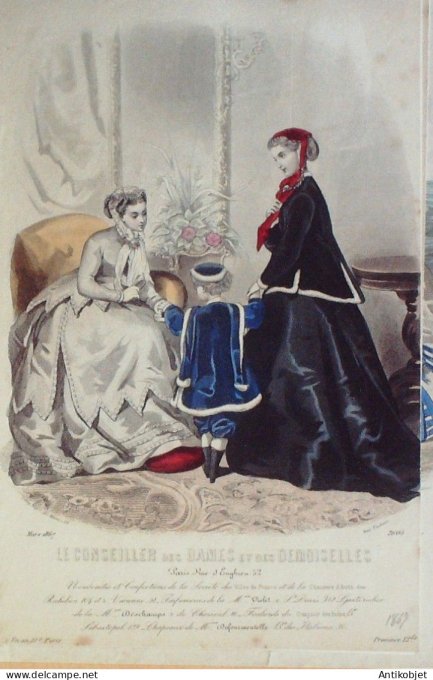 Gravure Mode Conseiller des Dames 1867 #  3 (aquarellee Old Fashion plate)
