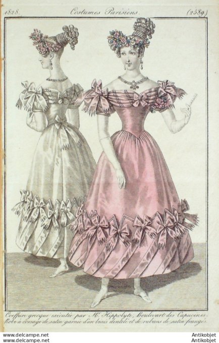 Gravure de mode Costume Parisien 1828 n°2589 Robe à corsage de satin