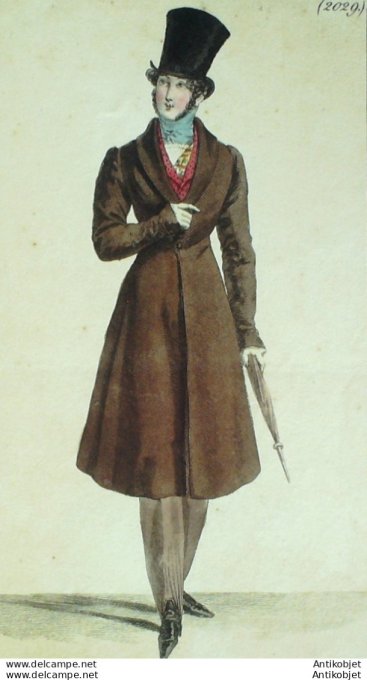 Gravure de mode Costume Parisien 1821 n°2029 Redingote à schall homme