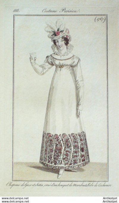 Gravure de mode Costume Parisien 1818 n°1767 Robe de cachemire