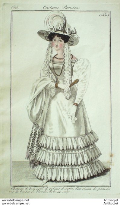 Gravure de mode Costume Parisien 1825 n°2351b Robe de crêpe  chapeau de bois