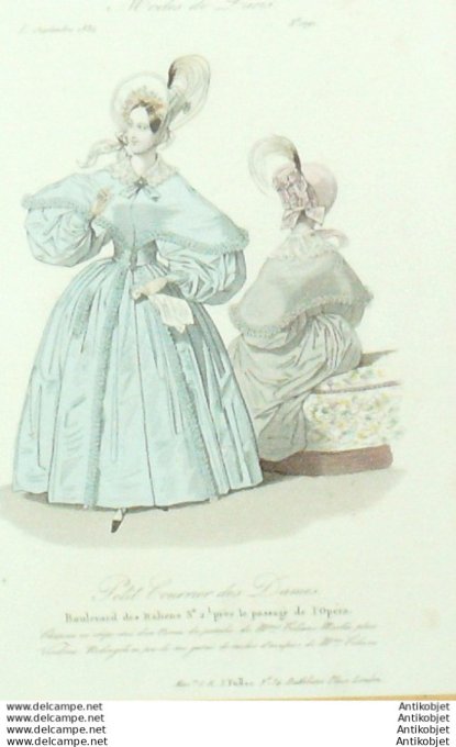 Gravure Mode Courrier des Dames 1833 # 1091 (eau forte old Fashion plate)