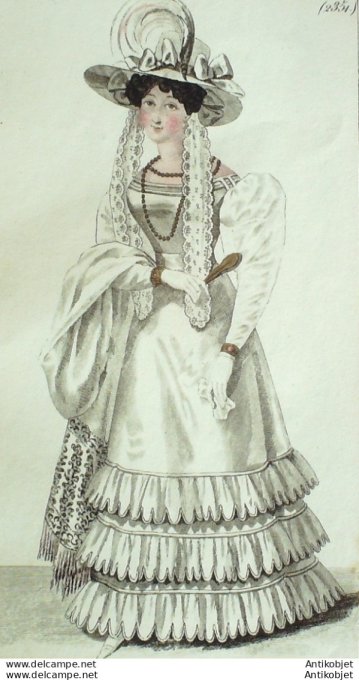 Gravure de mode Costume Parisien 1825 n°2351b Robe de crêpe  chapeau de bois