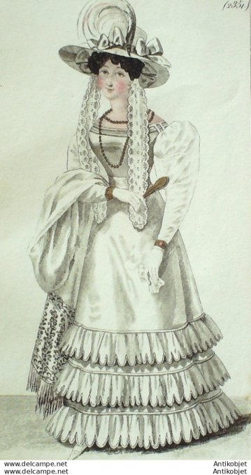 Costume Parisien 1825 # 2351b Robe de crêpe  chapeau de bois