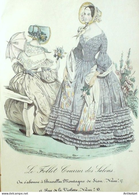 Gravure Mode Le Follet 1837 # 401 (aquarelle Old Fashion plate)
