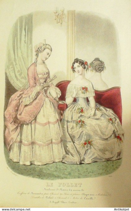 Gravure Mode Le Follet 1852 # 1582 (aquarelle Old Fashion plate)