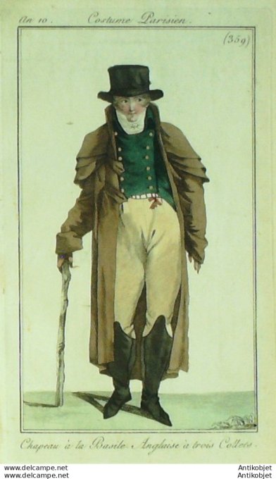Gravure de mode Costume Parisien 1802 n° 359 (An 10) Anglaise à trois collets