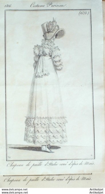 Gravure de mode Costume Parisien 1816 n°1573 Chapeau de paille d'Italie