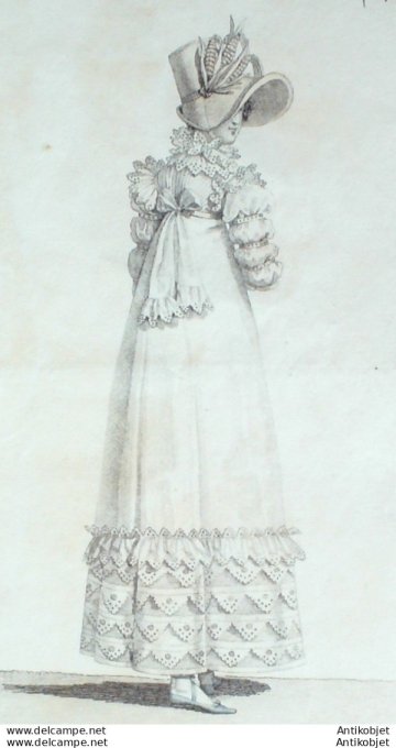 Gravure de mode Costume Parisien 1816 n°1573 Chapeau de paille d'Italie