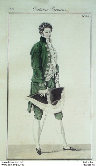 Gravure de mode Costume Parisien 1812 n°1220 Habit homme habillé épée d'acier