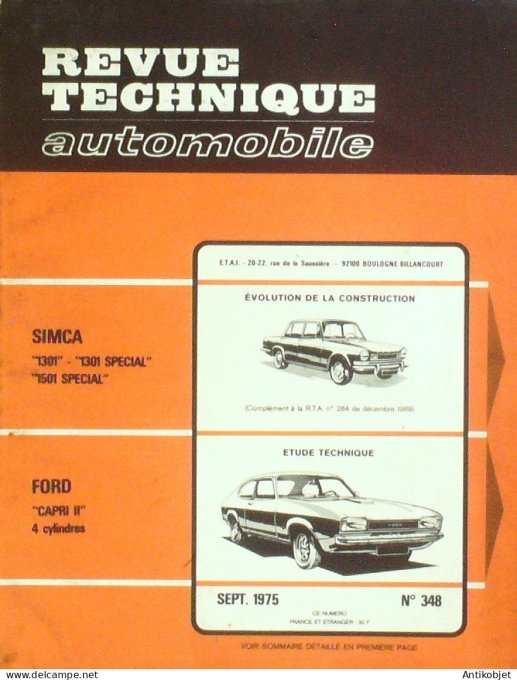 Revue Tech. Automobile 1975 n°348 Simca 1301 & 1501 Ford Capri II