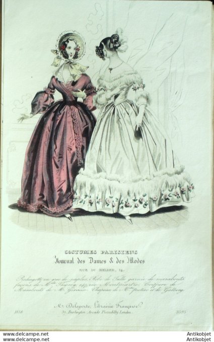 Gravure de mode Costume Parisien 1838 n°3595 Redingote en gros de Naples