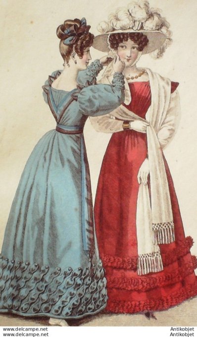 Gravure de mode Costume Parisien 1825 n°2352 Robes et écharpe de Barèges garnie