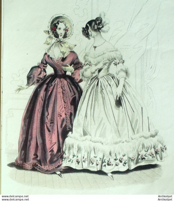 Gravure de mode Costume Parisien 1838 n°3595 Redingote en gros de Naples