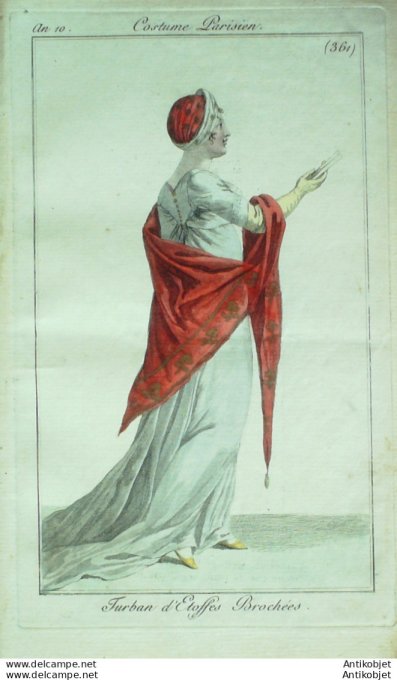 Gravure de mode Costume Parisien 1802 n° 361 (An 10) Turban d'étoffes brochées