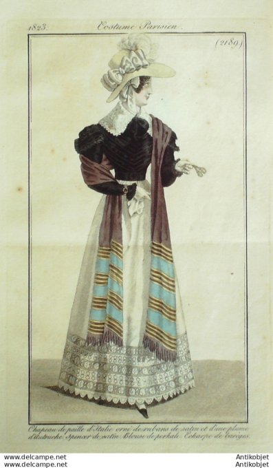 Gravure de mode Costume Parisien 1823 n°2189 Spencer de satin  blouse perkale