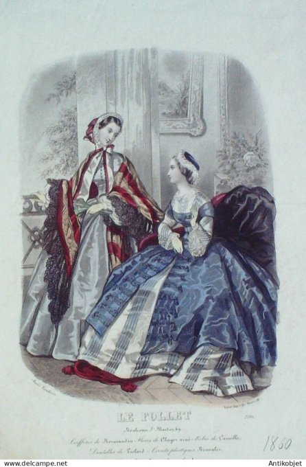 Gravure Mode Le Follet 1860 # 2206 (aquarelle Old Fashion plate)