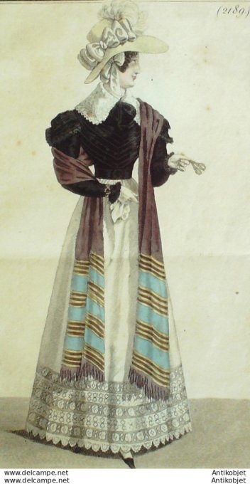 Gravure de mode Costume Parisien 1823 n°2189 Spencer de satin  blouse perkale