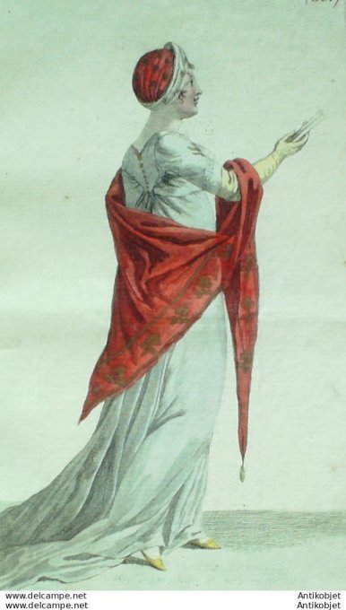 Gravure de mode Costume Parisien 1802 n° 361 (An 10) Turban d'étoffes brochées