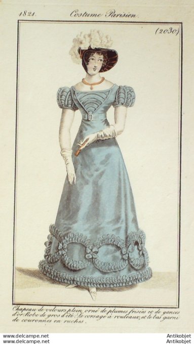Gravure de mode Costume Parisien 1821 n°2030 Robe gros d'été corsage