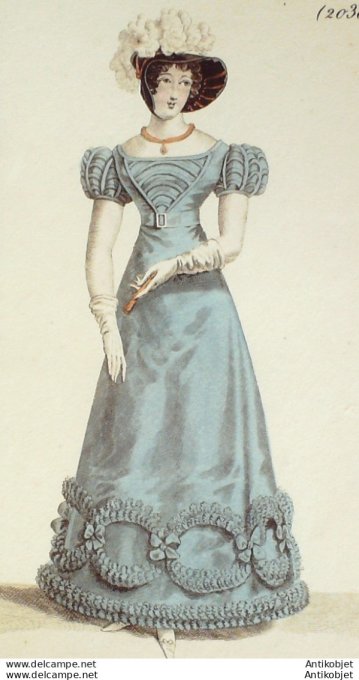 Gravure de mode Costume Parisien 1821 n°2030 Robe gros d'été corsage