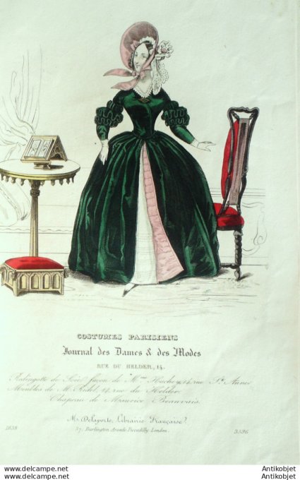 Gravure de mode Costume Parisien 1838 n°3596 Redingote en gros de Naples