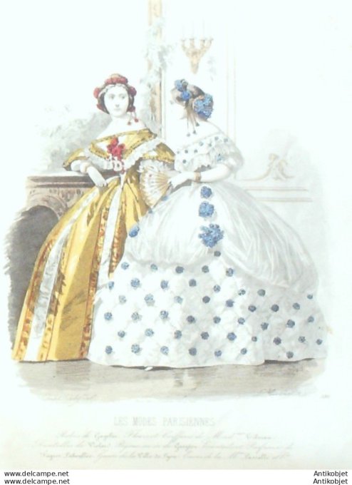 Gravure Les Modes Parisiennes 1849 # 586 Robes velours Maison Cagelin