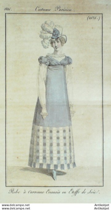 Gravure de mode Costume Parisien 1816 n°1575 Robe à carreaux écossais