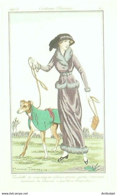 Gravure Costume Parisien 1913 # 47 Taquoy Maurice (eau forte) Toilette Coursing en velours