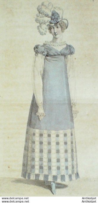 Gravure de mode Costume Parisien 1816 n°1575 Robe à carreaux écossais