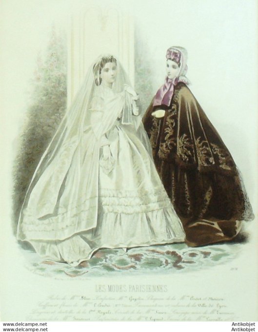 Gravure Les Modes Parisiennes 1863 #1076 Robe de Mariée Maison Blum
