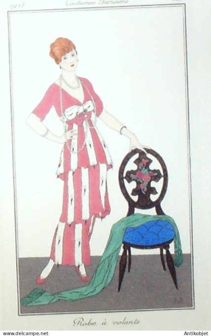 Gravure de mode Costume Parisien 1913 pl.123 VAN BROCK Jan Robe à volants