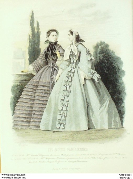 Gravure Les Modes Parisiennes 1859 # 863 Robes gros de Naples Maison Fauvet