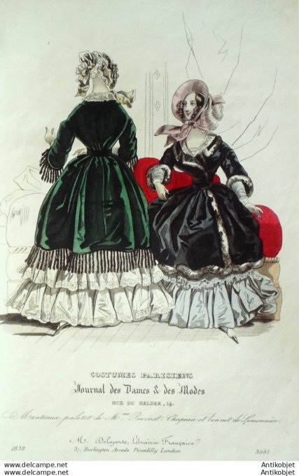 Gravure de mode Costume Parisien 1838 n°3597 Manteaux & paletot chapeaux