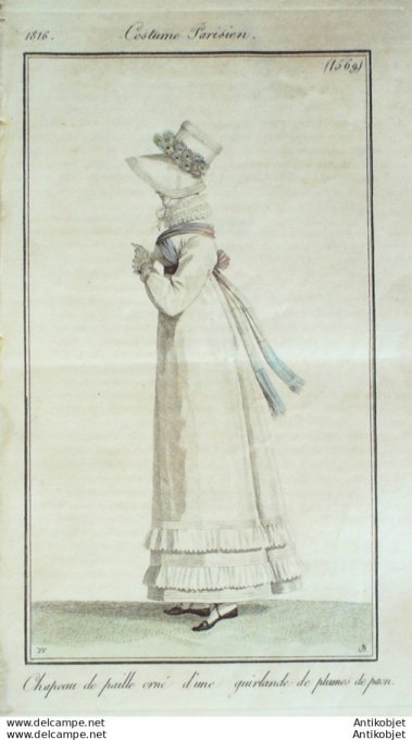 Gravure de mode Costume Parisien 1816 n°1569 Chapeau de paille orné