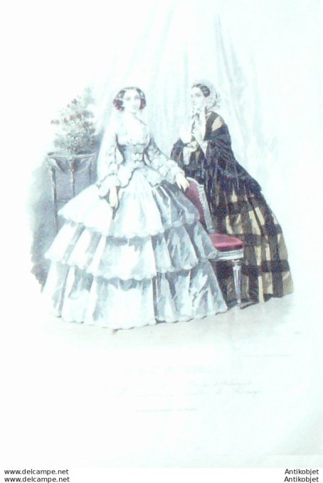 Gravure Les Modes Parisiennes 1849 # 588 Robes Maison Dumoulin