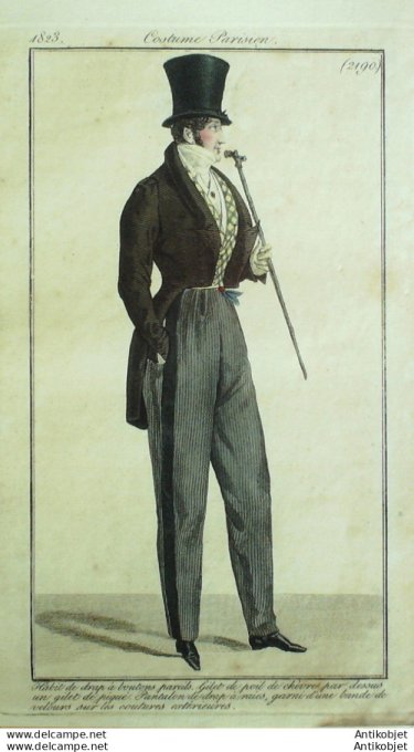 Gravure de mode Costume Parisien 1823 n°2190 Habit drap homme gilet chèvre & canne