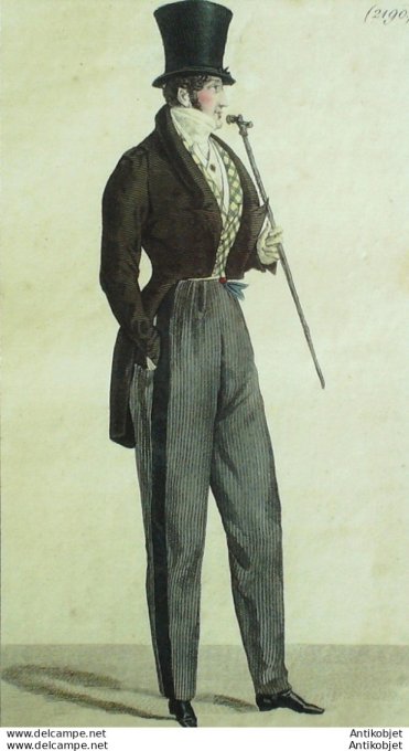 Gravure de mode Costume Parisien 1823 n°2190 Habit drap homme gilet chèvre & canne