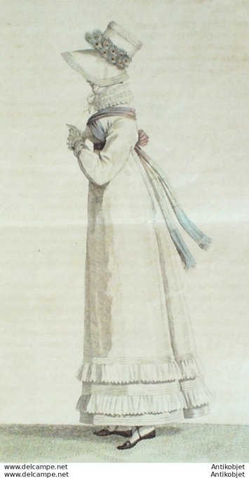 Gravure de mode Costume Parisien 1816 n°1569 Chapeau de paille orné