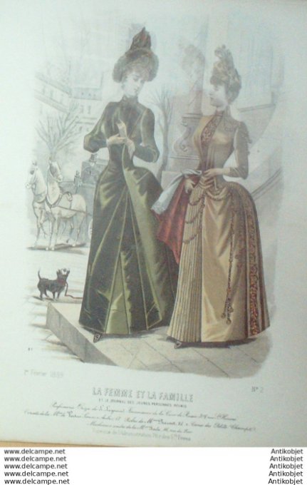 Gravure Mode La Femme & La Famille 1889 # 02 (Old Fashion plate) Chien