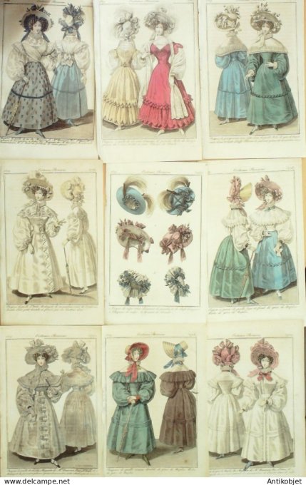 Gravures de mode Costume Parisien 1829 Lot 29 9 pièces