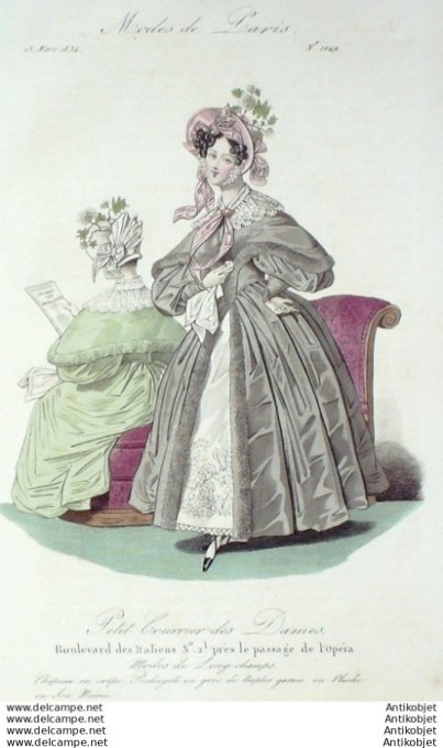 Gravure Mode Courrier des Dames 1832 # 1049 (eau forte old Fashion plate)