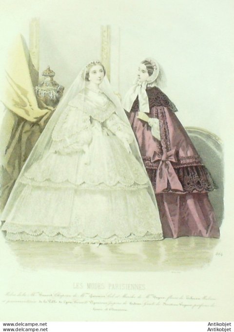 Gravure Les Modes Parisiennes 1859 # 864 Robes de Mariée Maison Fauvet