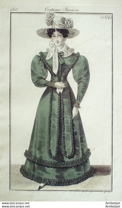Gravure de mode Costume Parisien 1825 n°2354 Robe mousseline brodée