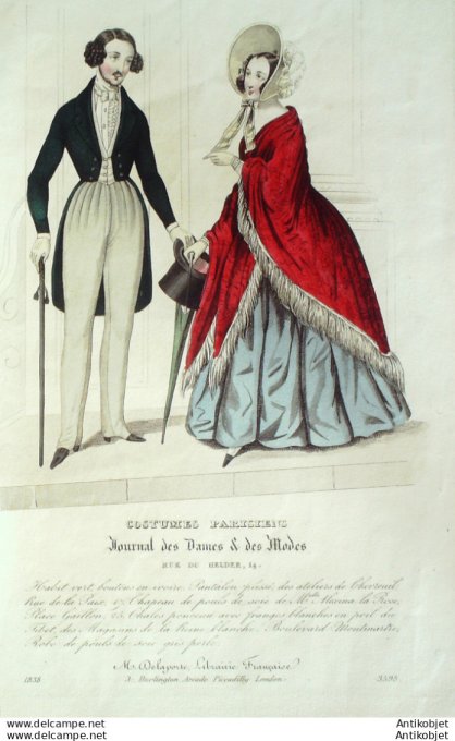 Gravure de mode Costume Parisien 1838 n°3598 Habit homme gilet