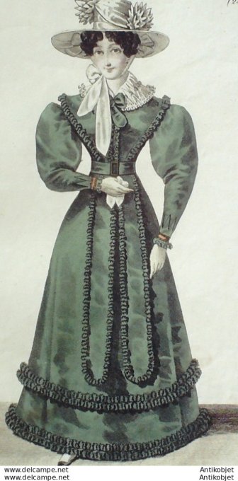 Gravure de mode Costume Parisien 1825 n°2354 Robe mousseline brodée