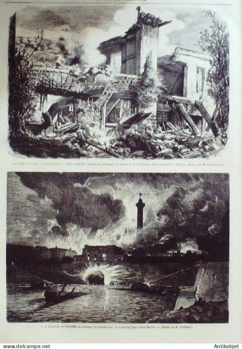 Le Monde illustré 1871 n°739 Quai d'Orsay incendies Paris 12 Bastille chaloupes en feu Prison La Roq