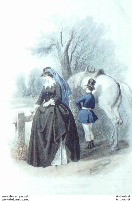 Gravure Les Modes Parisiennes 1849 # 589 Cavalière Amazone Maison Humann